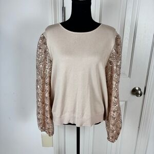 Adrianna Papell‎ Champagne Sequin Puff Sleeve Knit Sweater Size XL
